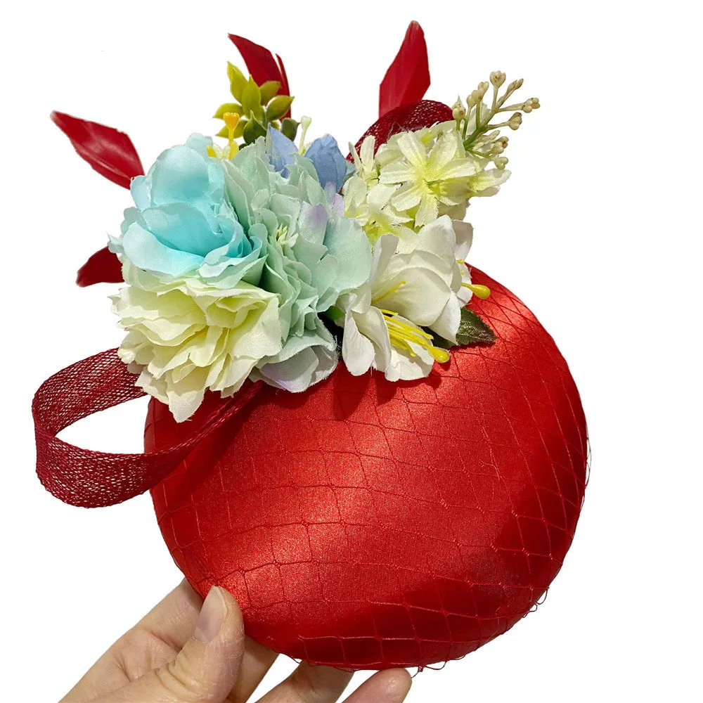 Women Phillbox Satin Top Artificial Flowers Fascinator Hat with Feather Tea Party Festival Headwear