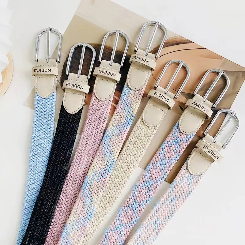 fashion designer women colorful weave belt ladies jeans canvas elastic belt metal discount belts accessories