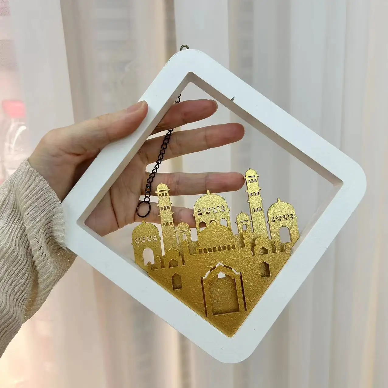 Islamic Mosque Shape Wall Sign Umrah Hajj Festive Gifts Ramadan Mubarak Pendant Muslim Eid Hanging Wooden Decoration