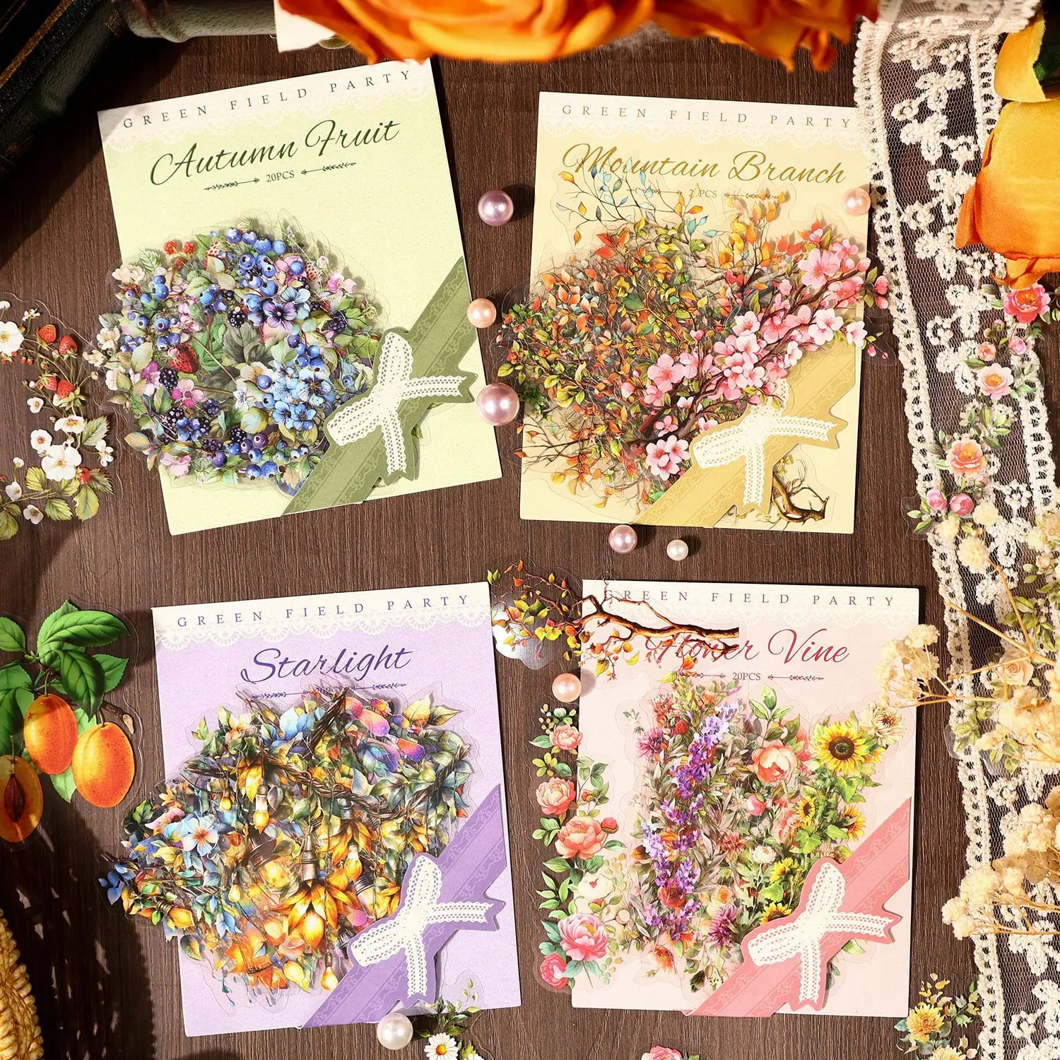 20 PET sticker packs per pack Greenfield party series Retro branch and leaf themed handbook stickers 4 models