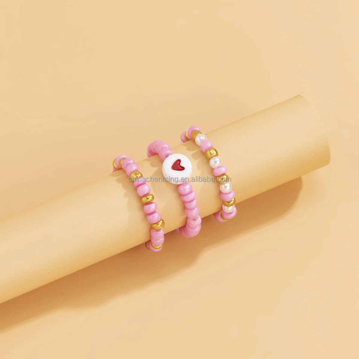 Sweet cool girl love beads ring female cross-border resort style fashion rice beads collision color woven finger ring set