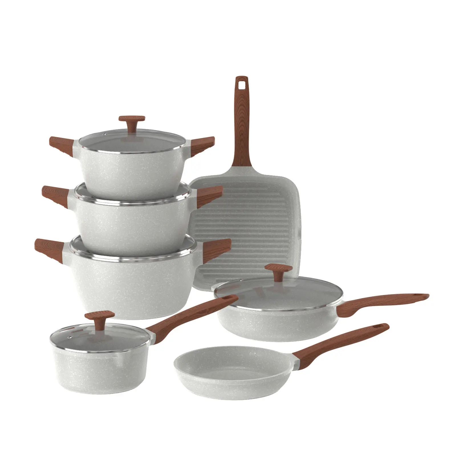 MYH Aluminum Ceramic Marble Coating Frying Pan Saute Pan Cookware With Glass Lid Wooden Bakelite Handle Induction Bottom