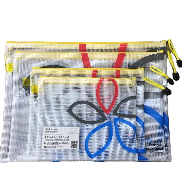 Custom Logo 0.4 Grid Mesh Clear Pvc A3 A5 B4 B5 Zipper File Bag Zipper Card Slot Transparent Document Bag for School Office