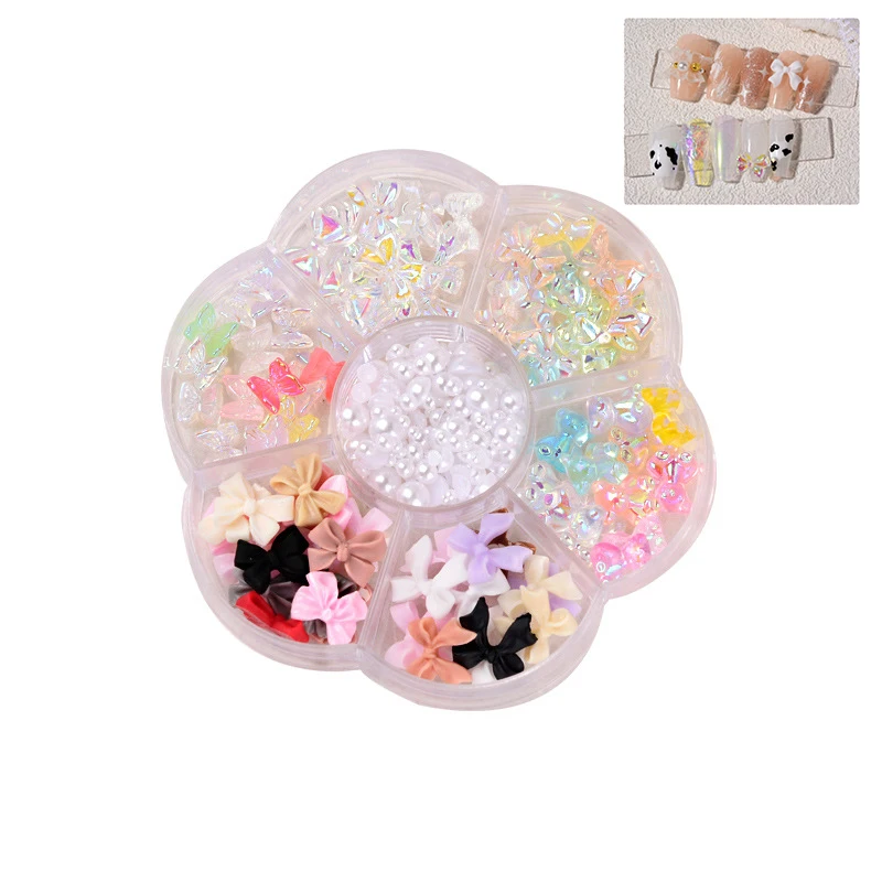 7 Grids Nail Accessories  Aurora Bow Bear Butterfly Lollipops Resin Rhinestone Pearl Mixed Set 3D DIY Embellish Diamond Ornament