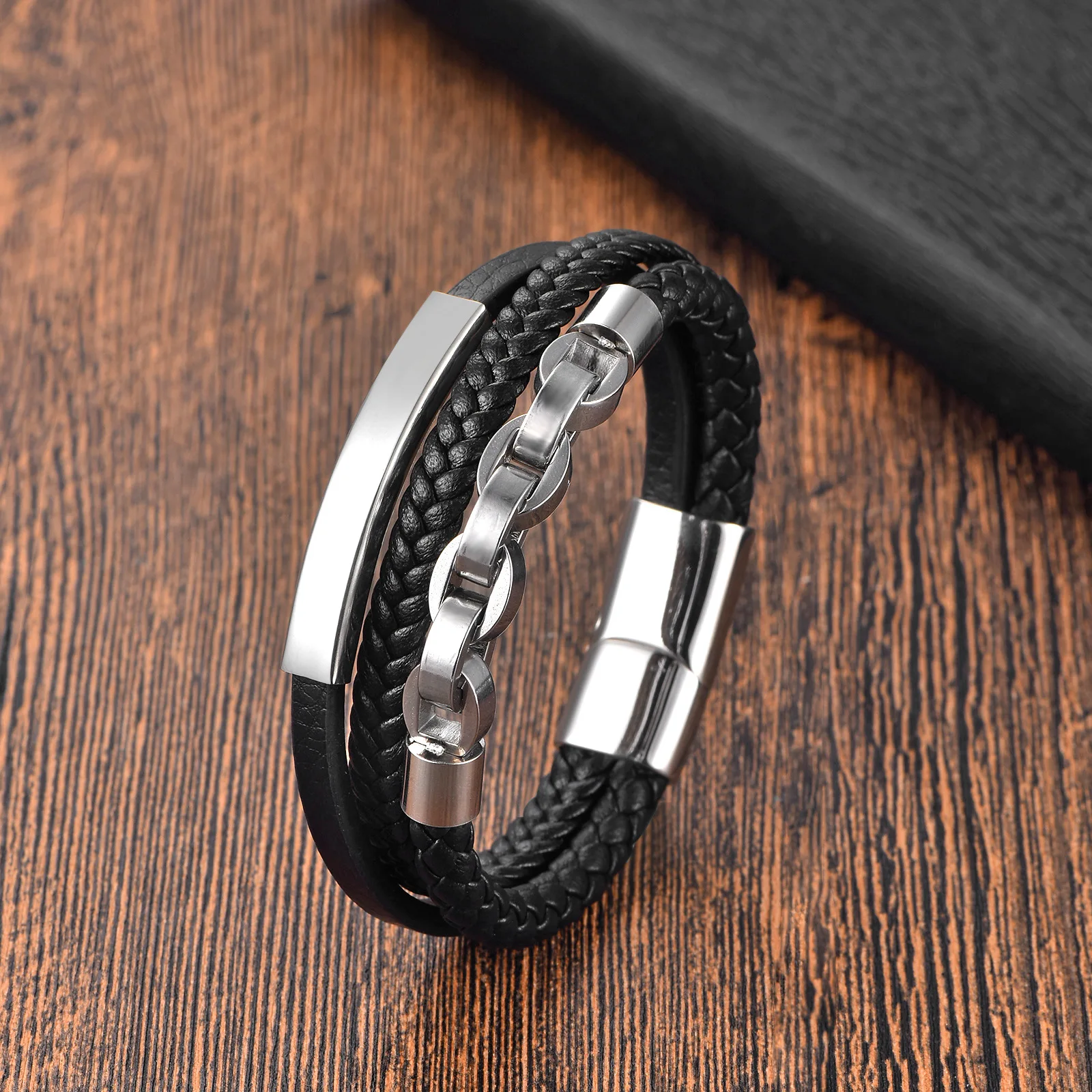 Custom Logo Name Stainless Steel Chain Bracelet Multi Layer Leather Bracelets For Women and Men