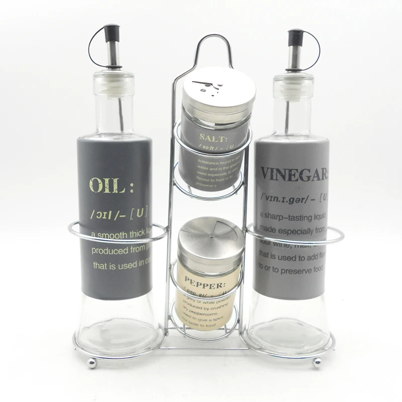 Herb & Spice Tools Glass Oil Vinegar Dispenser Bottle Salt Pepper Shaker Set with Metal Rack