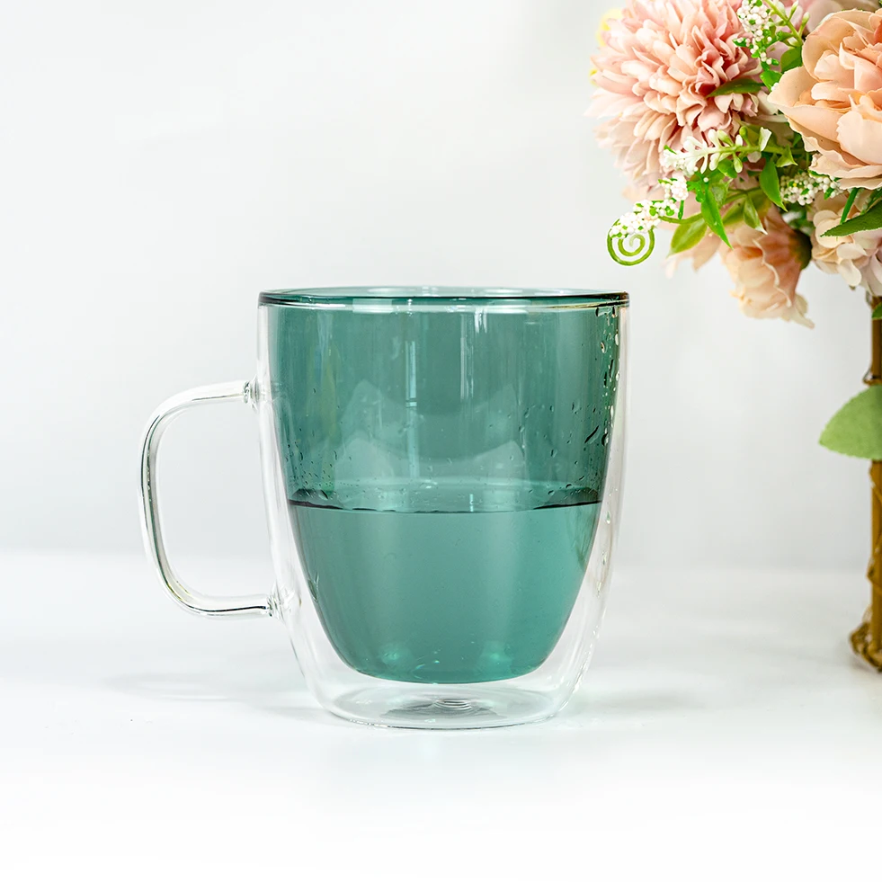 Double layer colored green high lead-free glass color glass creative coffee thermos mug Nordic fashion heat insulation mug