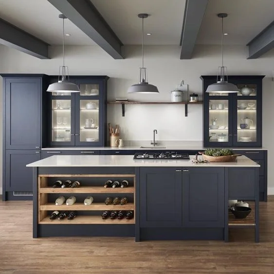 Navy Modern kitchen design cabinet Matte Finished Lacquer Shaker Kitchen Cabinet with Artificial Quartz Island