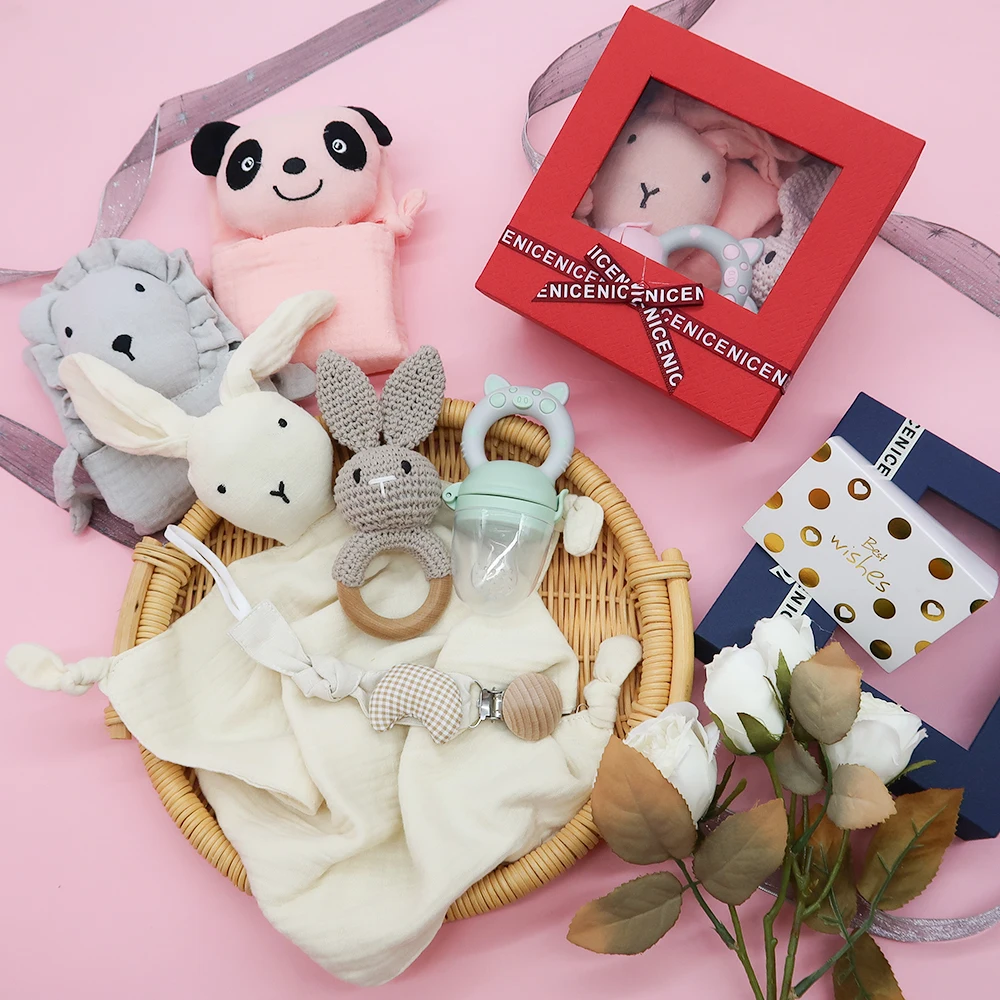 100% Cotton Muslin Teething Cloths Towel Bunny Soothing Baby Security Blanket Toy Set