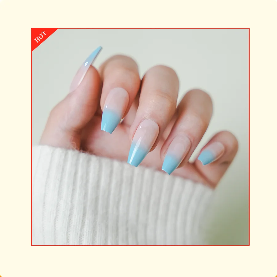 Nails Wholesale Design Custom Middle Coffin Blue Gradient Press On Nails ABS Acrylic Artificial Fingernails