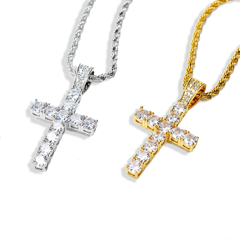 Iced Out Hiphop Jewelry CZ Diamond High Quality Copper Solid Cross Pendant Necklace for Men and Women