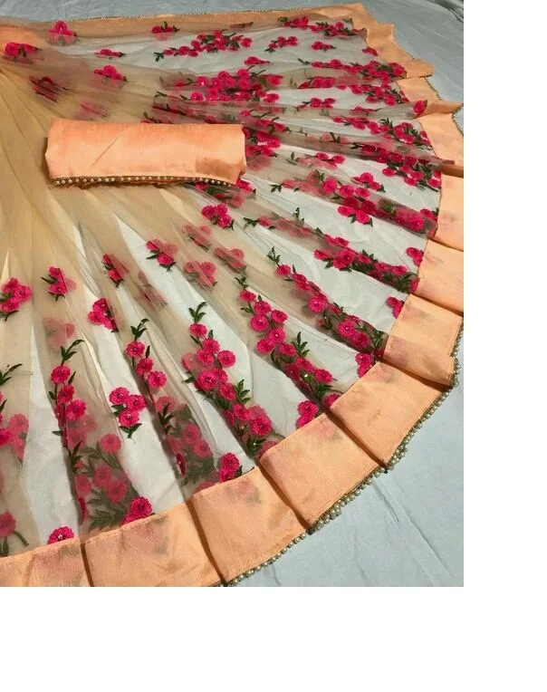 Ethnic Garment Party wear Designer saree surat Embroidery work net fabrics and pearl stone work saris with pearl lace border
