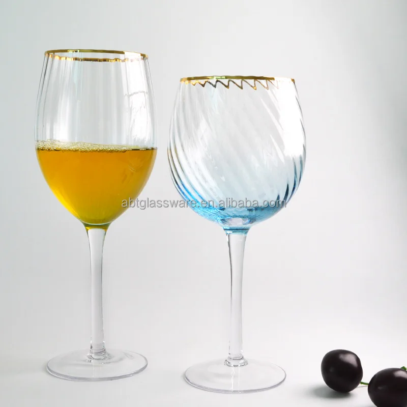 Luxury Gold Rimmed Gradient Blue colored Stripe Red Wine Glass Vintage Goblet Highball Stemless Glas