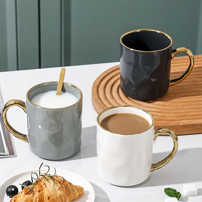 Wholesale cheap Nordic espresso couple cups solid color glazed ceramic coffee mug with golden rim