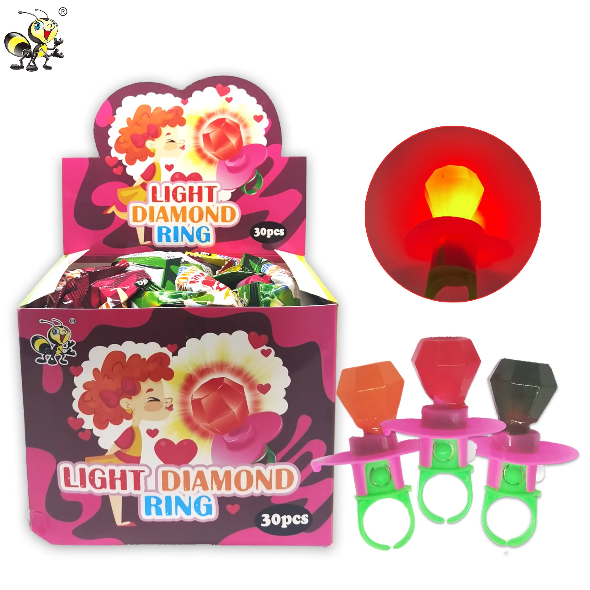 Wholesale Private Label halal fruity loly pop light diamond ring candy toy hard lollipop sweets