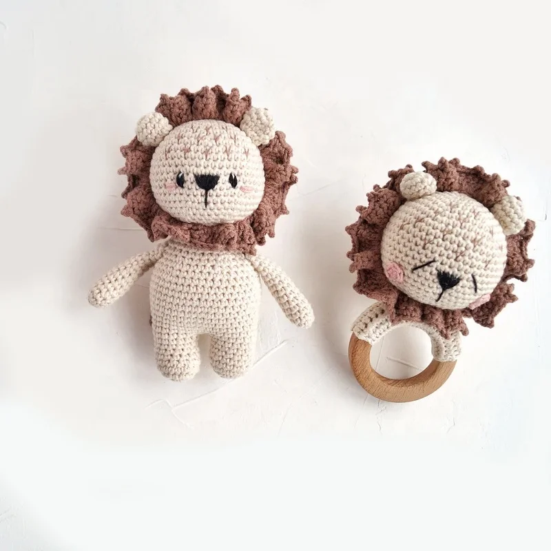 Cute Crochet Lion Rattle Toy Gender Neutral Gift For Babies Cotton Lion Toy With Wood Ring
