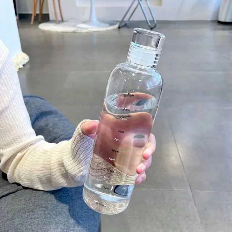 hot sell glass Customize borosilicate fitness sport glass water bottle with timestamp glass lid bottle