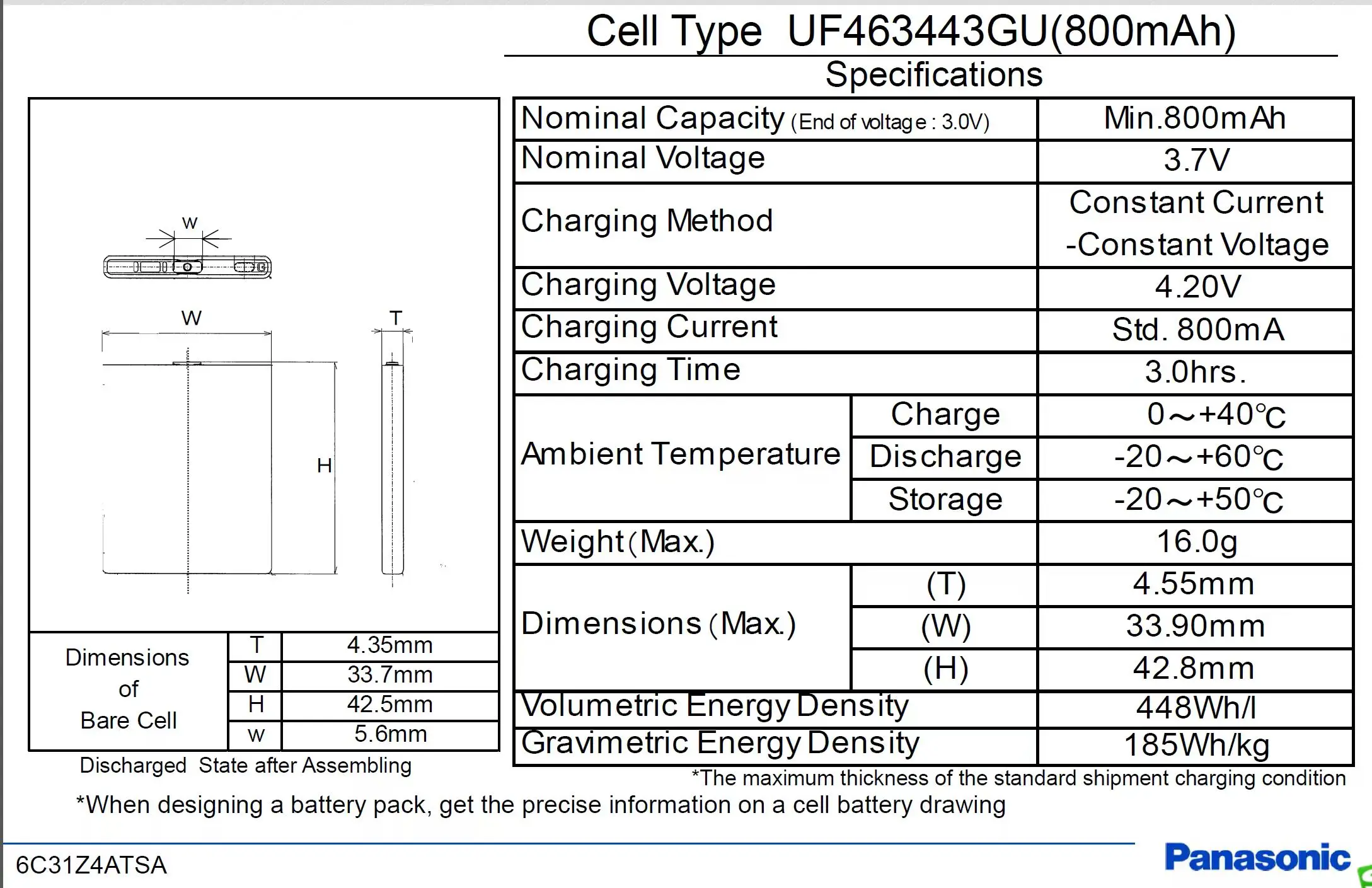Sanyo UF463443GUM 800mAh 3.7V Rechargeable Aluminum Case Lithium Ion Battery Prismatic  Battery