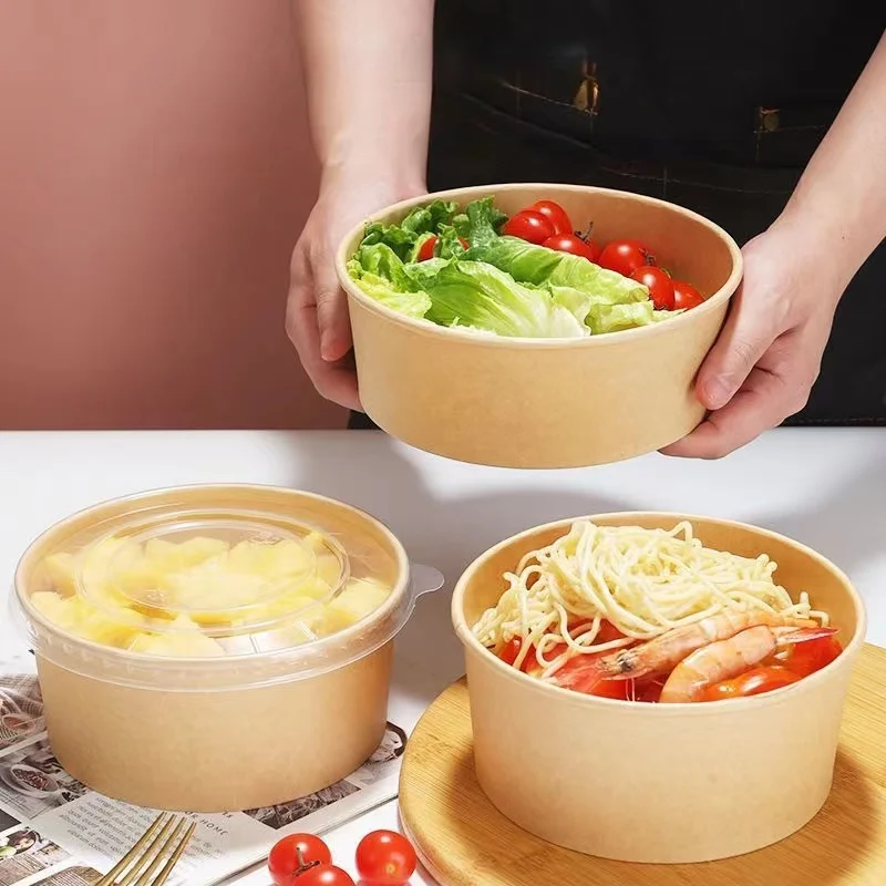 Printed paper lunch bowls disposable 1300ml soup bowls food kraft paper salad bowls with lid