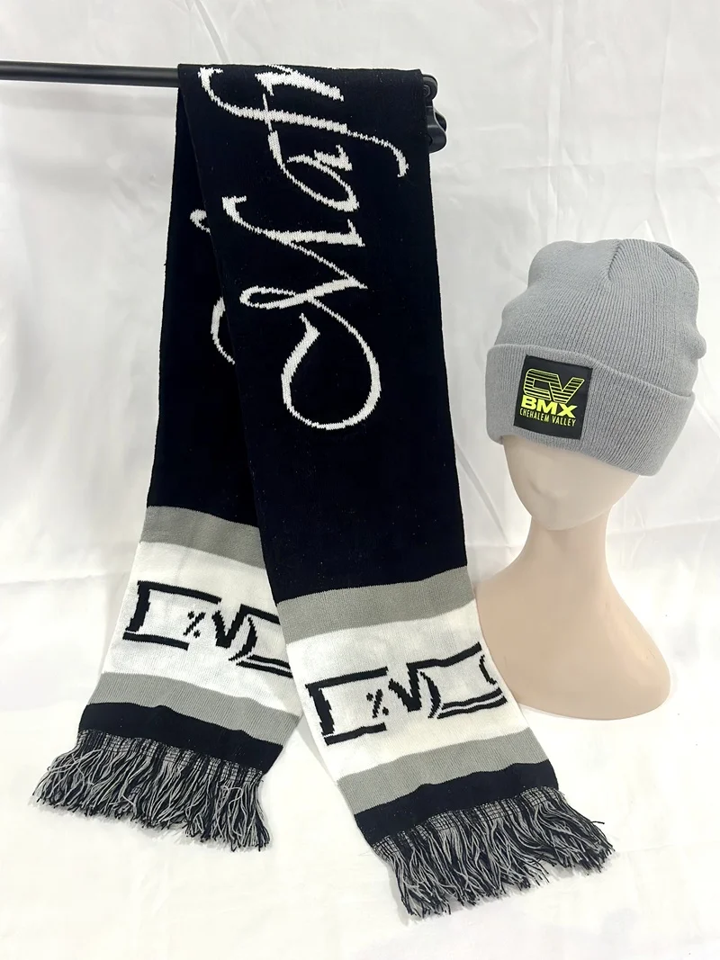 Weather forecast company emblem and character avatar knitted jacquard acrylic beanie hat and muffler  scarf