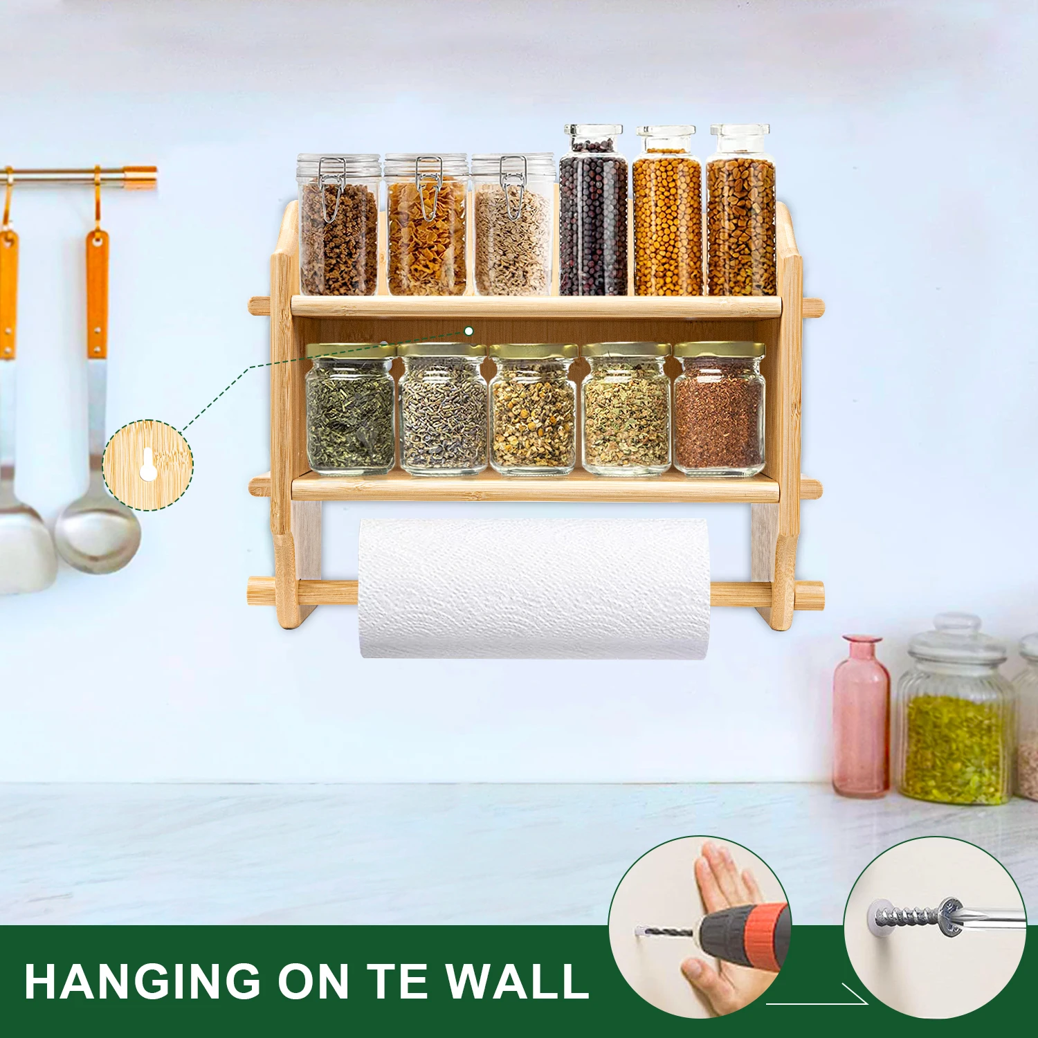 Wall Mounted Bamboo Paper Towel Holder 2-Tier Spice Rack for Kitchen