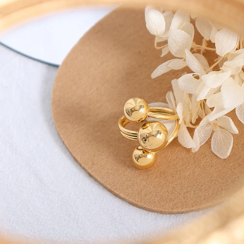 Wholesale Classic 18k PVD  Gold Plated Geometric Round Bead Spiral  Ring Chunky Stainless Steel Ball Twisted Barbell Spiral Ring