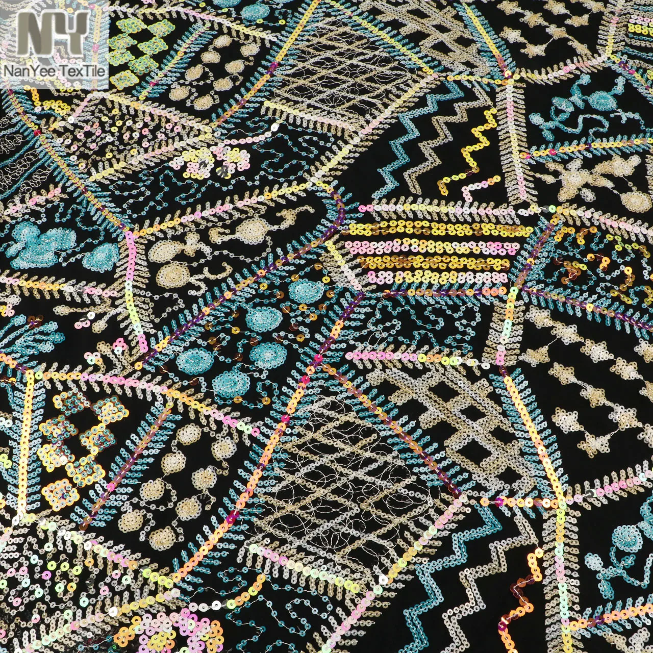 Nanyee Textile Ethnic Style Patchwork Bohemia Sequin Lace Fabric For Dress
