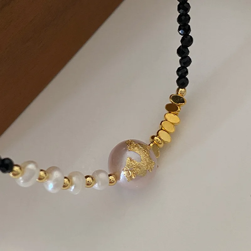 18k gold plated fashion black obsidian beads baroque pearls necklace for girls cute