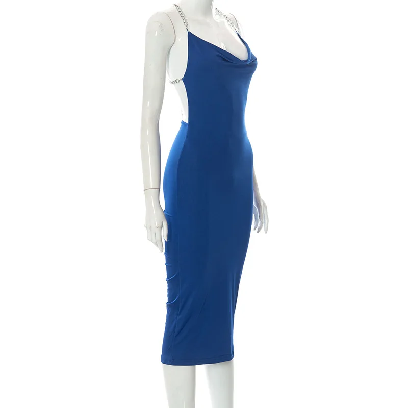 Sexy Backless White Dresses For Women 2022 Chain Ruched Black Party Long Dress Female Solid Cami Bodycon Club Midi Dress Backless White Dresses