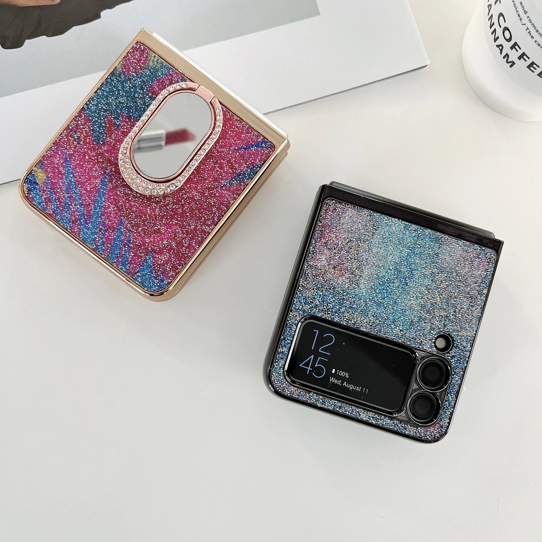 Luxury Glitter Case with Folding Mirror Ring Buckle Bling Phone Case Shell For Samsung Z Flip 3 case