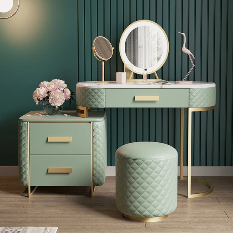 Modern Kids Dressers Luxury Design Vanity Makeup Table Leather and Stainless Steel Dressing Table with Mirror and Stool