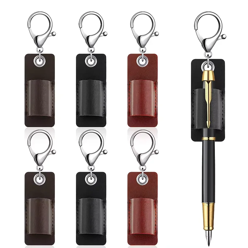 High Quality PU leather Business Staff Keychain Fashion Pencil Pen Holder Stationery Pen Pouch With Metal Keychain