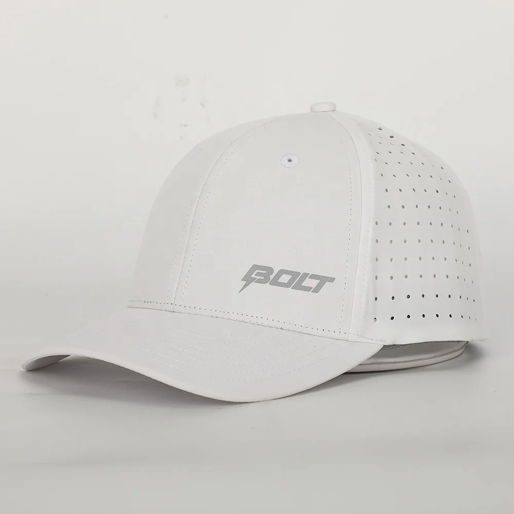 OEM Custom High Quality 6 Panel Reflective Printed Logo Laser Cut Hole Perforated Sport Performance Dad Hat,White Baseball Cap