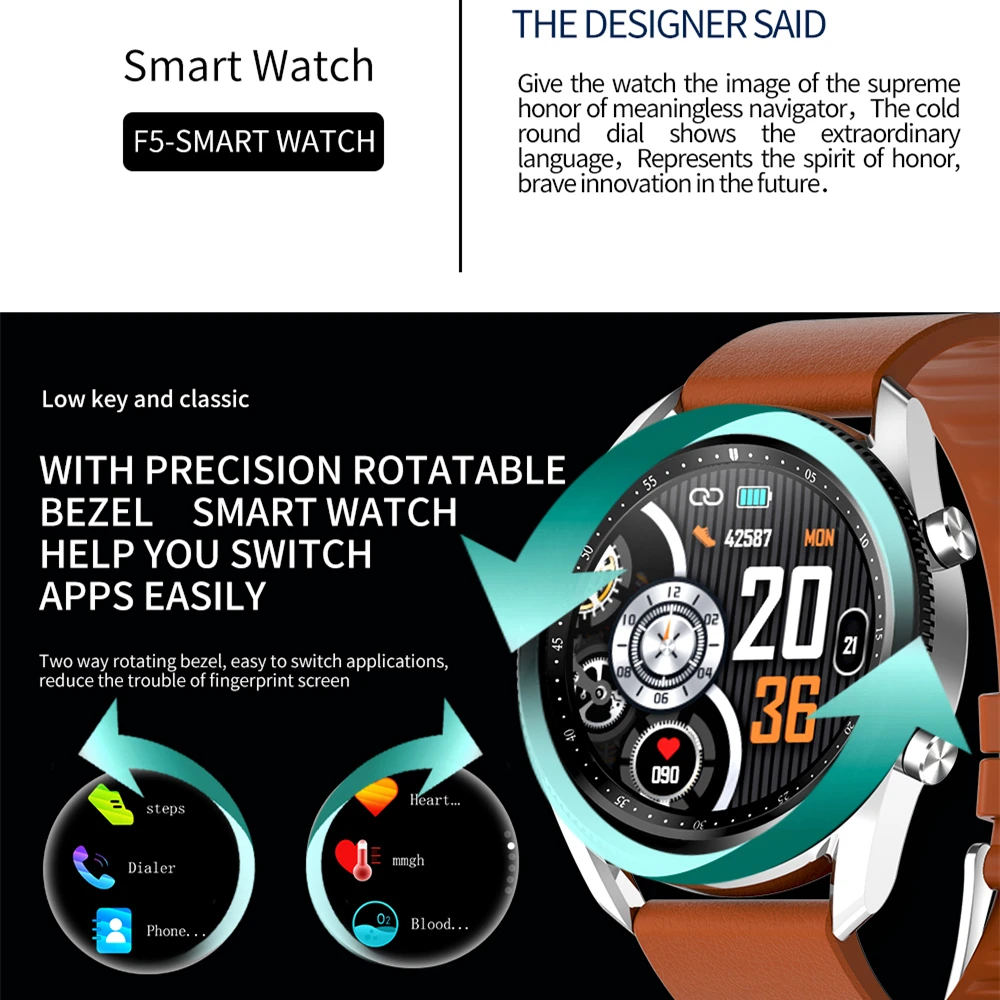 Newest F5 Smart Watch With Precision Rotatable Bezel Watches BT call Play Music IP68 Waterproof Smartwatch for Men