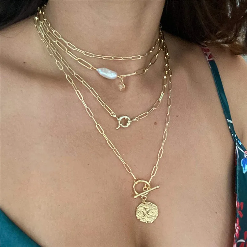 Gold Medallion Moon and star pendants necklace minimalist sweater chain jewelry