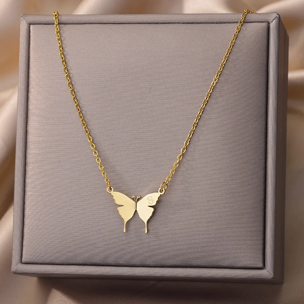Creative New Stainless Steel Butterfly Pendant Necklace Trendy Butterfly 26 Letter Steel Seal Collar Necklace