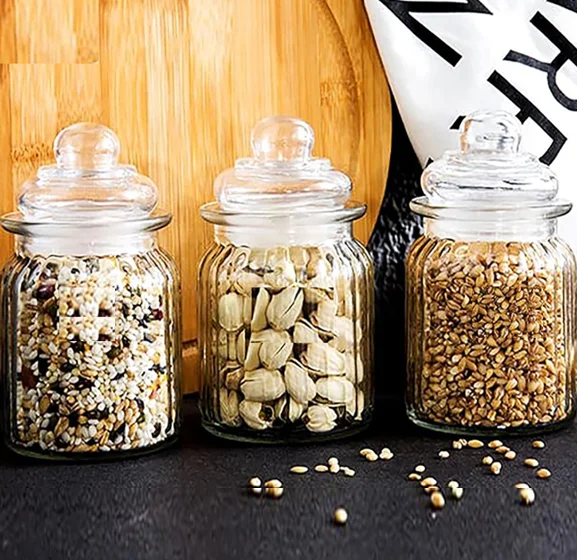 Large 800ml 1300ml 2000ml Round Clear Ribbed  Embossed Food Spice Glass Storage Jars With Airtight Glass Lids