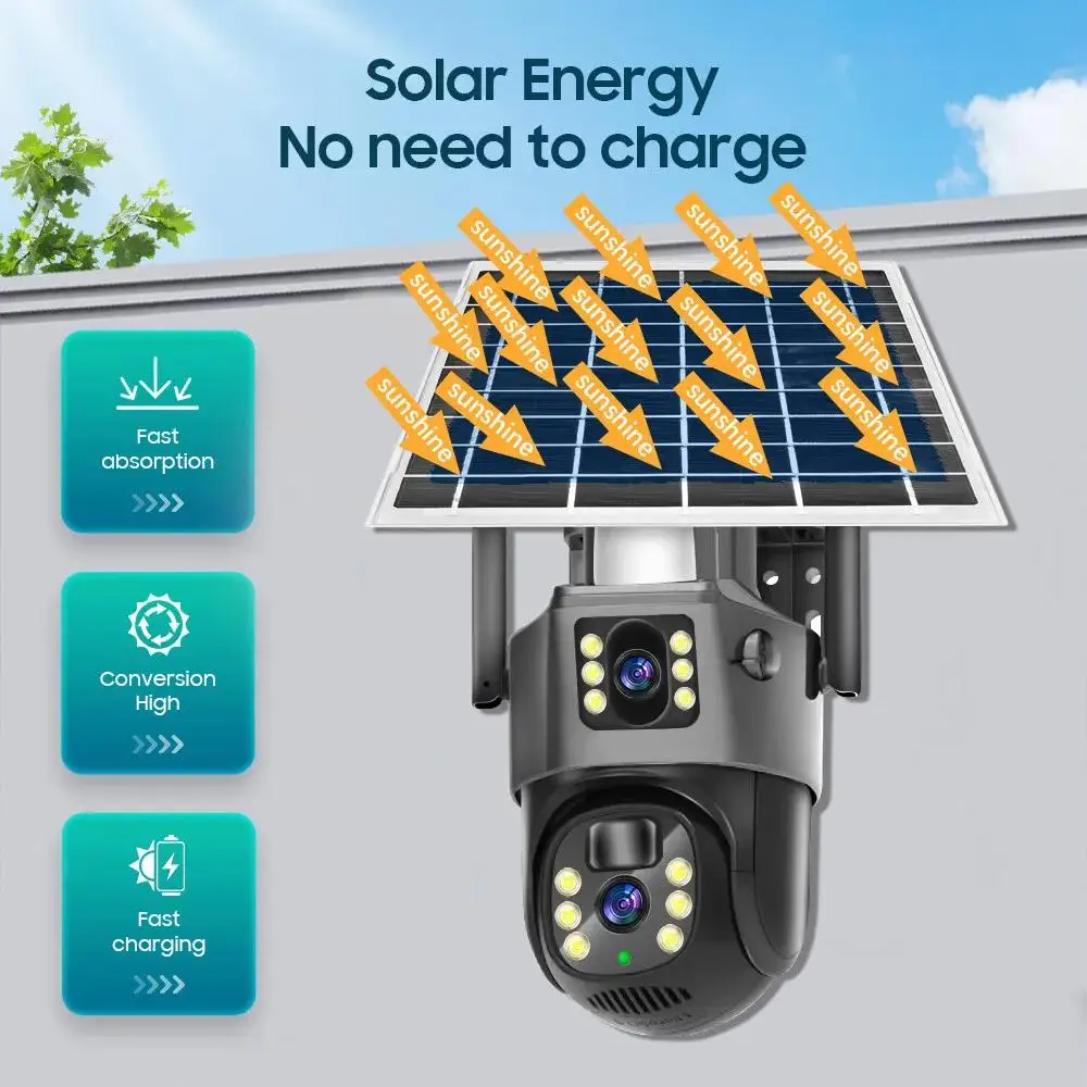 Regis V380 Dual Len Camera 4MP Wifi  Battery Powered Security Outdoor CCTV 4G IP Intelligent Solar Energy Alert PTZ Camera