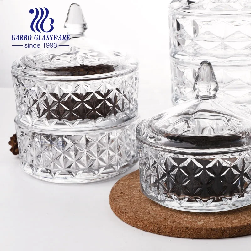 High white glass candy pot with lid new cylindrical shape food storage jar with big diamond design classic candy sugar gar