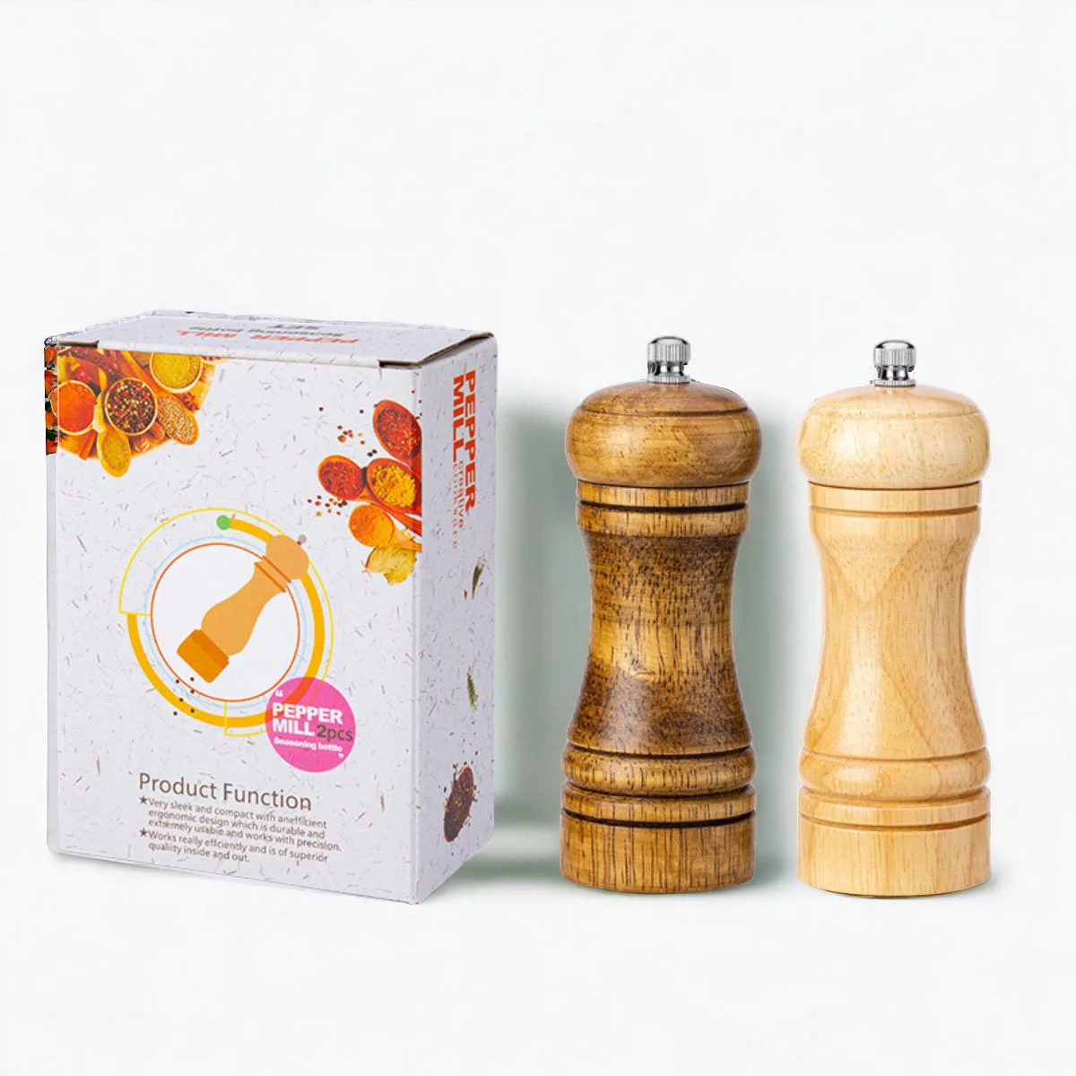 2024 Hot Sale Kitchen Tools 100% Nature Organic Wooden Spice Pepper Mill Custom Logo Manual Wood Salt and Pepper Grinder Set