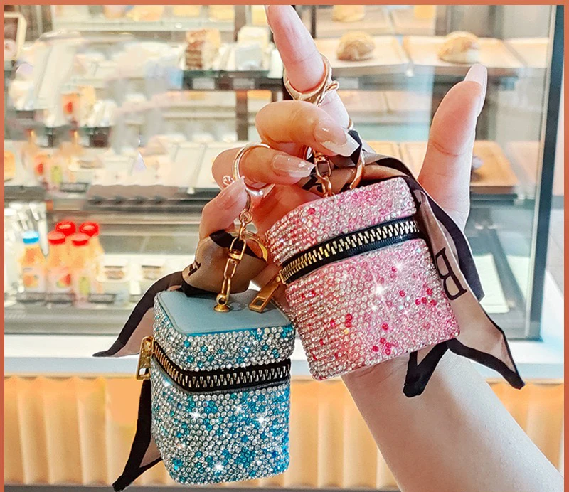 Bling Rhinestone Mini Airpods Pouch Earphone Case Car Keychain Wallet Bag Pendant Girl Key Chain lipstick Bag