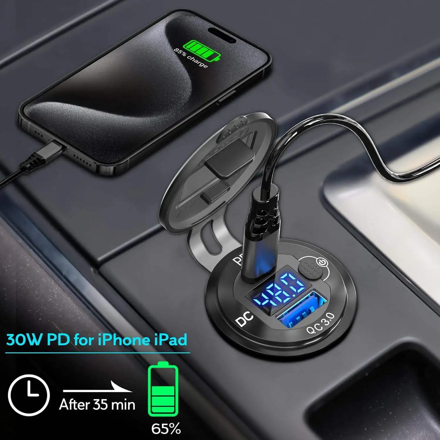 PD 30W USB C QC 36W Car USB Port Waterproof with Button Switch USB Car Charger Socket