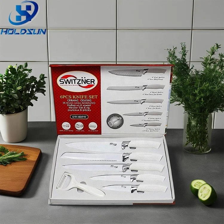 6PCS Royal Swiss Line Chef Knife Set High Quality Non-Stick White Coating Stainless Steel Cutting Kitchen Use Includes Gift Box
