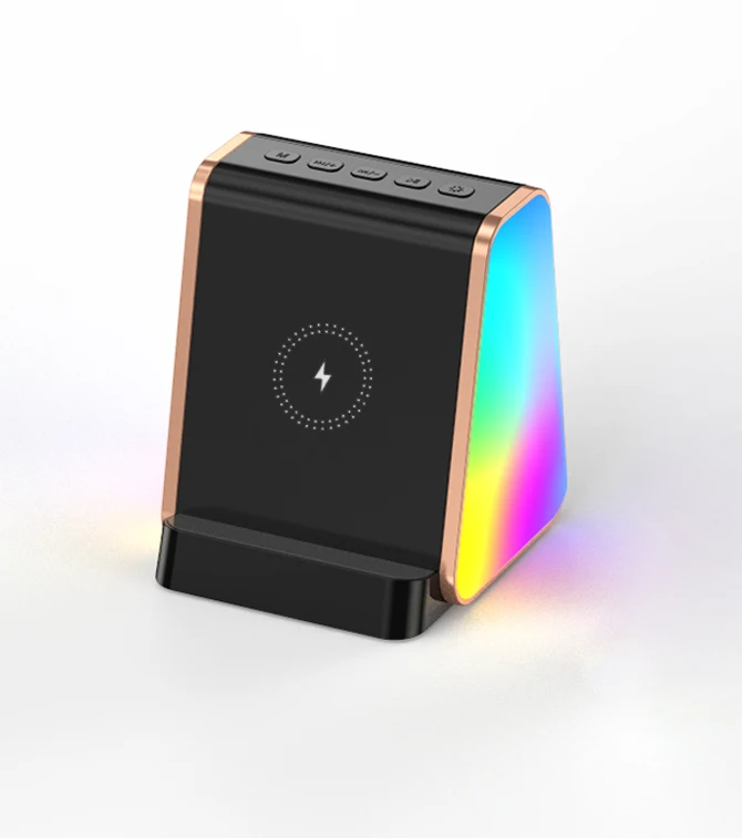 new design 3 in 1 Wireless Charger  speaker With RGB light  Phone holder Subwoofer Mini Bluetooth Speaker For Outdoor