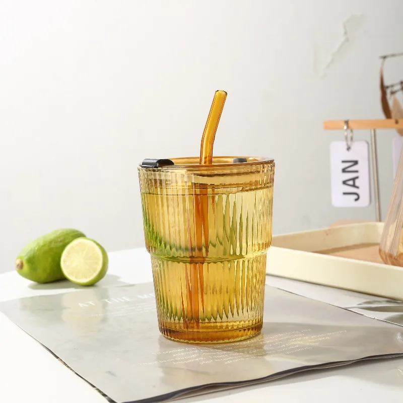 Ins Popular Portable Classical Ribbed Glass Tumbler Cup With Straw And Lid Vertical Stripes Glass Coffee Mug