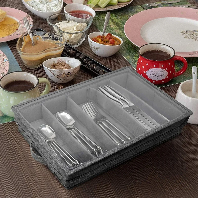 Flatware Storage Chest with Clear Lid, Great Fabric Container Box for Organizing Utensils, Silverware, Flatware, Large Capacity