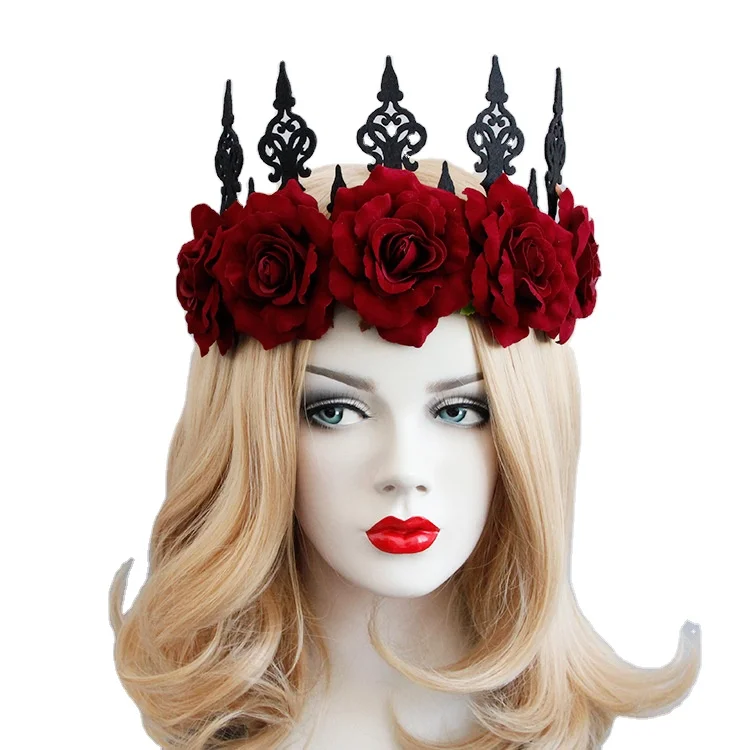 
vintage queen red rose Crown Hair Band Halloween Headband Woodland Hair Wreath Festival cosplay Headband red Rose Flower Crown 