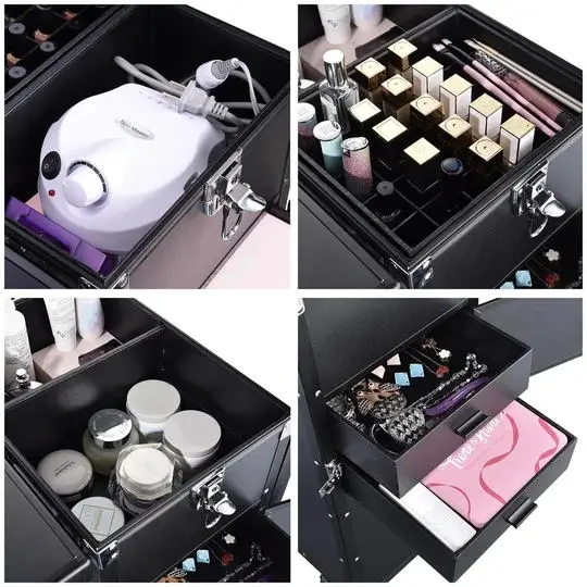 
2021 newest multifuction nail tech tables double platform folded nail table manicure nails makeup trolley case 