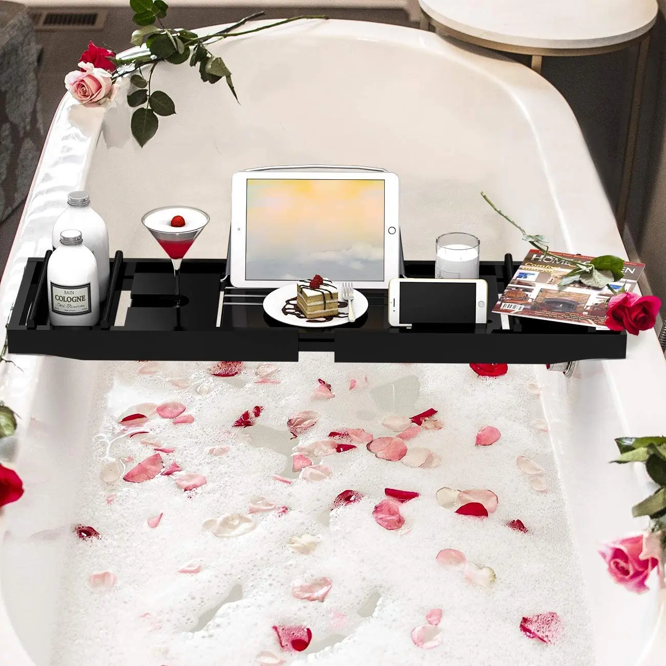 Fashion Luxury Multifunction Expandable Bamboo Wood Caddy Bath Tub Bathtub Tray