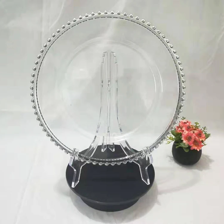 
13inch silver beads clear pp plastic wedding decorative charger plate 